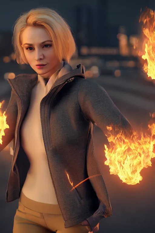 Image similar to a beautiful blonde woman spitting flames with her hands wearing a long matrix jacket, realistic, high definition, many details, dramatic scene, detailed and realistic hands, symmetrical face, realistic eyes, art of unreal engine 5