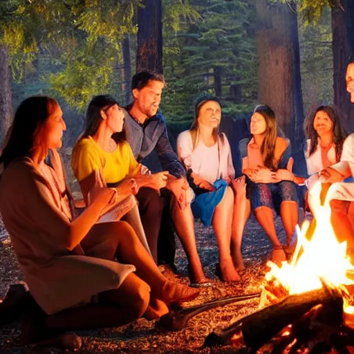 Prompt: jesus god talking with 4 women and 2 men around a campfire, realistic