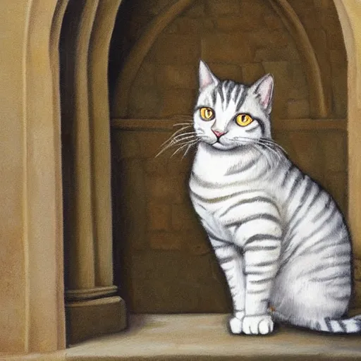 Prompt: oil painting extreme wide shot of a white and grey tabby cat wearing a hufflepuff scarf, in the Gloucester Cathedral cloisters, realistic, in the style of Harry Potter