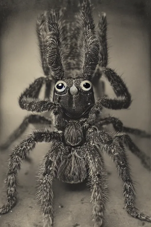 Prompt: a wet plate photo of an anthropomorphic tarantula king, wearing a crown