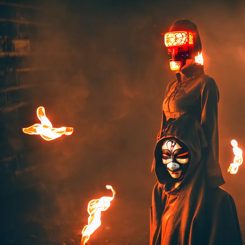 Image similar to a photo close up cyberpunk woman, wearing japanese mask, fire dance in cyberpunk dirty alley, smoke mist rain, cyberpunk gunma prefecture, midnight, photorealistic, cinematic color, studio lighting, highly detailed, bokeh, style by tomino - sama