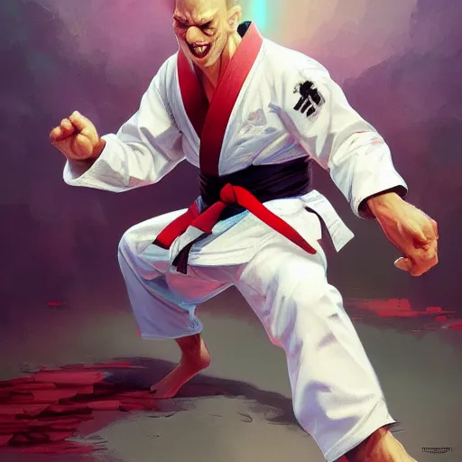 Image similar to karate clown, dynamic pose, fighting highly detailed, digital painting, artstation, concept art, matte, sharp focus, illustration, art by Artgerm and Greg Rutkowski and Alphonse Mucha