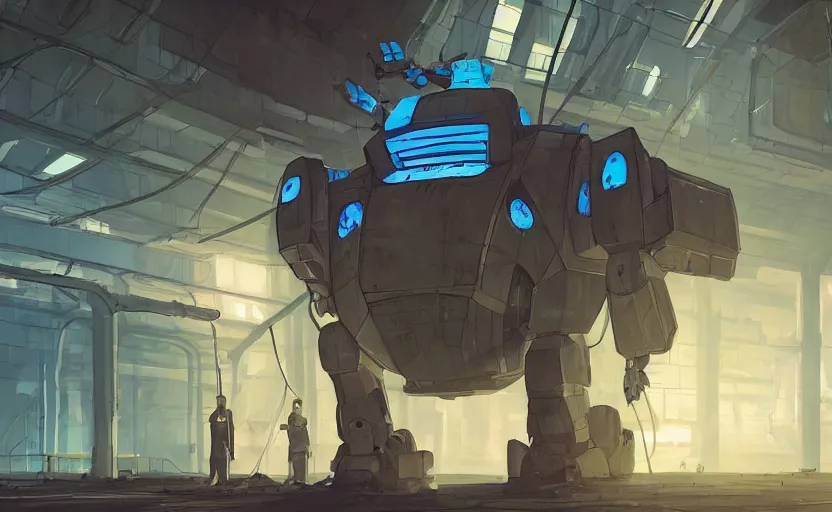 Image similar to a huge broken robot standing in a mess warehouse, crystal lights, sci - fi atmosphere, cel - shading, cinematic, artstation, studio ghibli, miyazaki, highly details