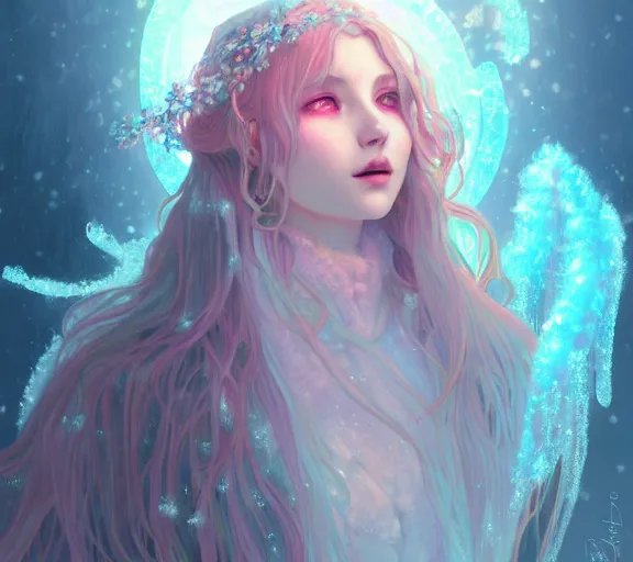 Image similar to beautiful ancient frost witch, pastel fire in eye, snow glow, pool party, highly detailed, digital painting, artstation, sharp focus, illustration, art by tan zi and ayanamikodon and alphonse mucha and wlop