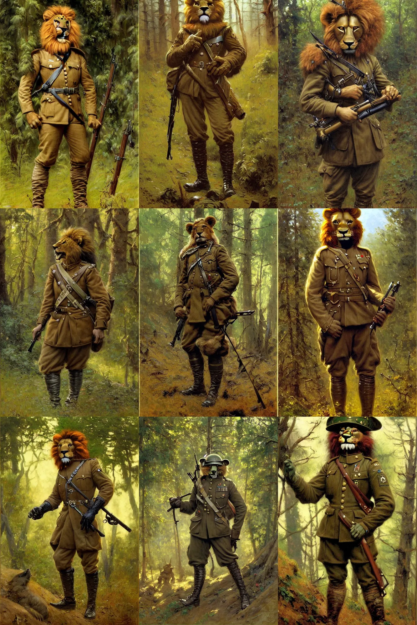 Prompt: anthropomorphic furry lion soldier in the forest during world war 1, character design, painting by gaston bussiere, craig mullins, j. c. leyendecker, tom of finland