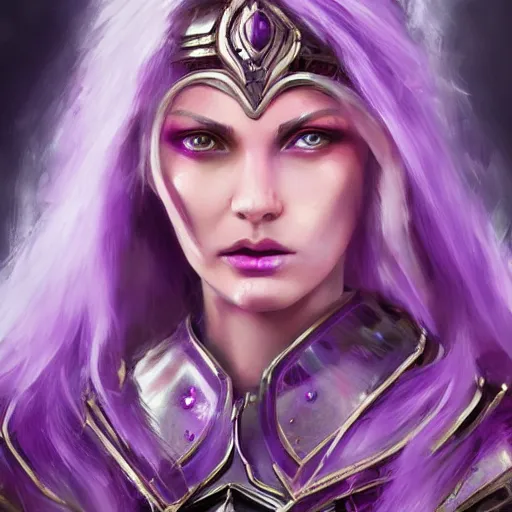 Image similar to extreme close up portrait of a beautiful woman in bionic amethyst armor, female, flowing purple hair, intense stare, stoic, symmetrical, concept art, intricate detail, volumetric shadows and lighting, realistic oil painting magic the gathering style, destiny,