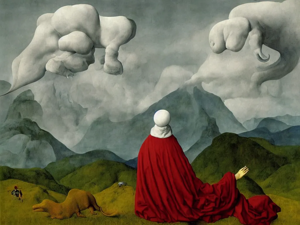 Image similar to albino mystic, with his back turned, looking at a storm over over the mountains in the distance, with dinosaur. Painting by Jan van Eyck, Audubon, Rene Magritte, Agnes Pelton, Max Ernst, Walton Ford