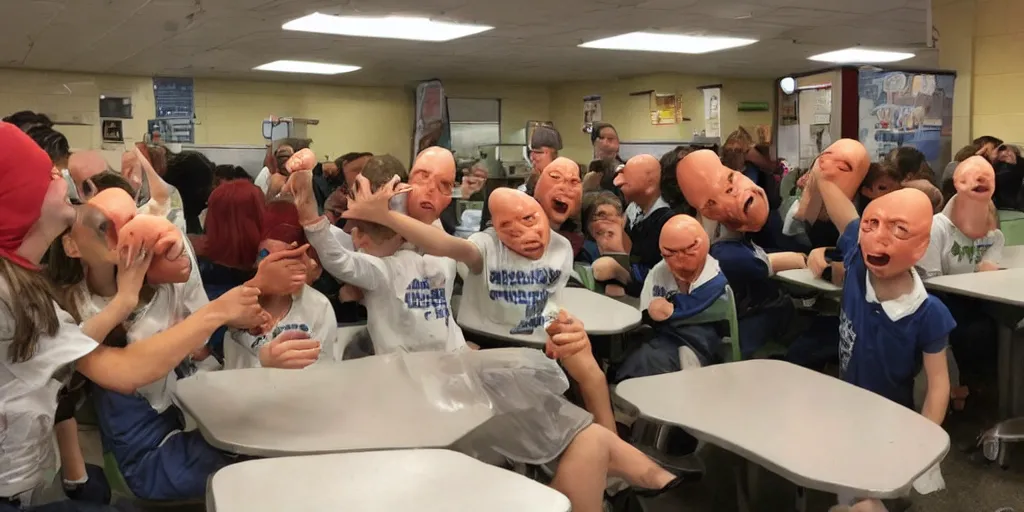 Image similar to cyclops coneheads school lunchroom food fight, detailed facial expressions