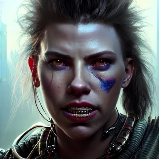 Prompt: portrait painting of a cyberpunk orc shaman extremely muscular ugly scarlett johansson with bad teeth, ultra realistic, concept art, intricate details, eerie, highly detailed, photorealistic, octane render, 8 k, unreal engine. art by artgerm and greg rutkowski and charlie bowater and magali villeneuve and alphonse mucha