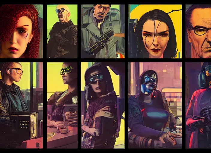 Image similar to cyberpunk heist crew. portrait by stonehouse and mœbius and will eisner and gil elvgren and pixar. character design. realistic proportions. dystopian. cyberpunk 2 0 7 7, apex, blade runner 2 0 4 9 concept art. cel shading. attractive face. thick lines. hi def 4 k. the team. detailed group of interesting characters.