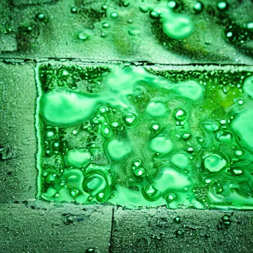 Image similar to a sticky puddle of green luminous goop on the pavement in a back alley