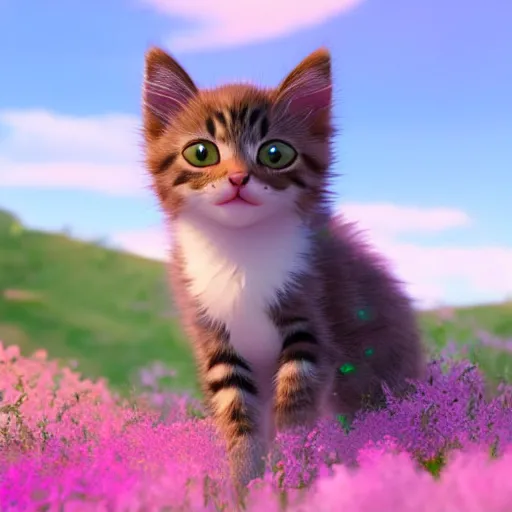 Prompt: a wholesome animation key shot of a kitten on a hill, fluffy pink anime clouds, studio ghibli, pixar animation, sharp, rendered in unreal engine 5, anime key art, bloom, dramatic lighting