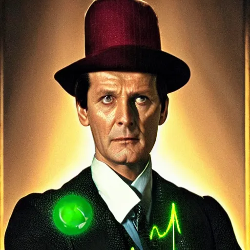 Prompt: Jeremy Brett as Sherlock Holmes as a powerful Warlock, with green energy emanating from his eyes.