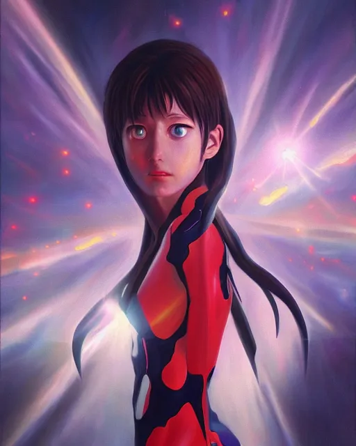 Image similar to neon genesis evangelion, award winning photograph, radiant flares, realism, lens flare, intricate, various refining methods, micro macro autofocus, evil realm magic painting vibes, hyperrealistic painting by michael komarck