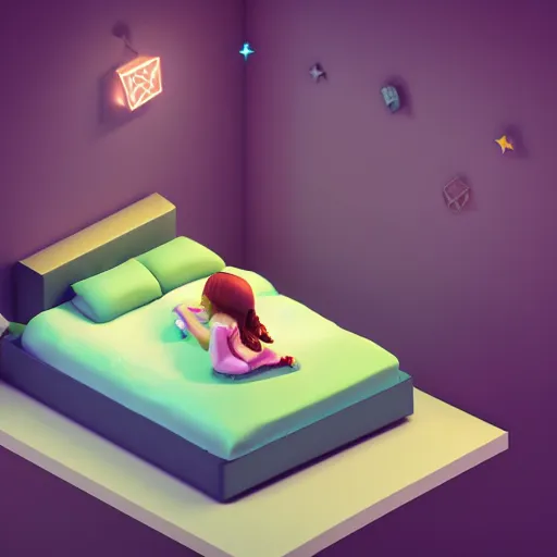 Prompt: 3d isometric rendering of a little cute girl on her bed dreaming of a beautiful forest, octane renderer, unreal engine, 4K, trending on artstation