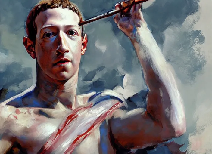 Prompt: a highly detailed beautiful portrait of mark zuckerberg as kratos, by gregory manchess, james gurney, james jean