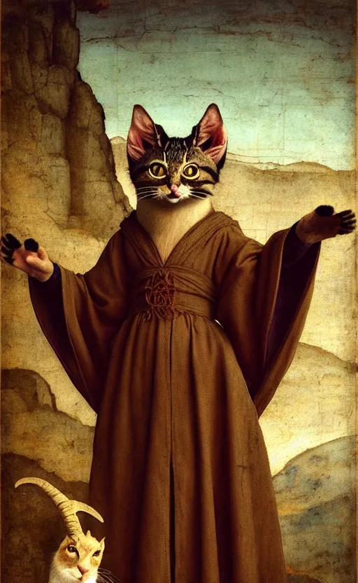 Image similar to a bipedal cat that has goat horns, anthropomorphic cat that is wearing robes, matte oil painting, by leonardo da vinci, by michelangelo, d & d, fantasy, concept art, cosmic, magical, fog, noble, full body portrait, intricate, ornate, extremely detailed, cult, ritual, sharp focus, 4 k, 8 k