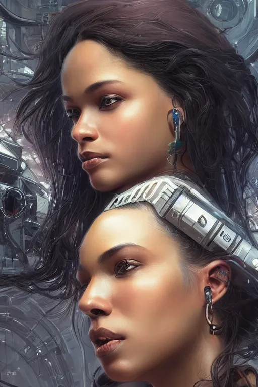 Image similar to ultra realistic illustration, closeup headshot 3 5 mm, black woman, hacknaut cyberpunk, sci - fi, fantasy, intricate, elegant, highly detailed, digital painting, artstation, concept art, smooth, sharp focus, illustration, art by artgerm and greg rutkowski and alphonse mucha