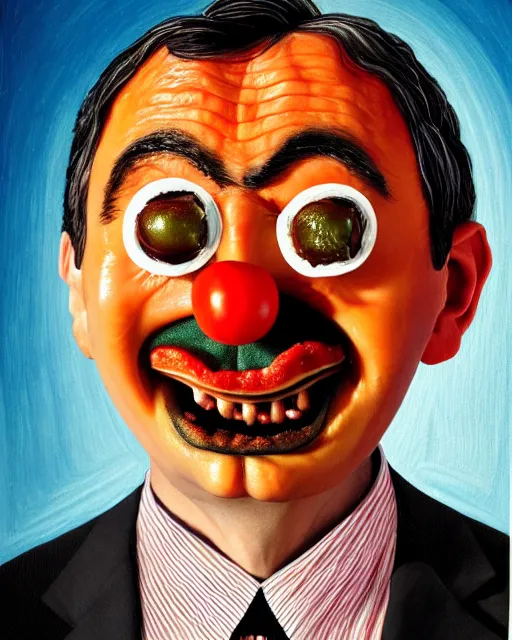 Prompt: portrait of mr bean's face in a bowl full of baked beans, face covered in beans and tomato sauce, beans in his eyes sockets, pile of beans on his head, tomato sauce in his eyes, open mouth full of with baked beans, overflowing with baked beans, rowan atkinson, muted colors, surrealist oil painting, highly detailed