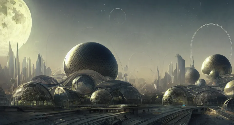 Image similar to cinematic shot, futuristic city on the moon, geodesic domes, utopian, digital painting, artstation, concept art, soft light, hdri, smooth, sharp focus, illustration, intricate, elegant, highly detailed, in the style of greg rutkowski and alphonse mucha and artemisia, 8 k, highly detailed, jurgens, rutkowski