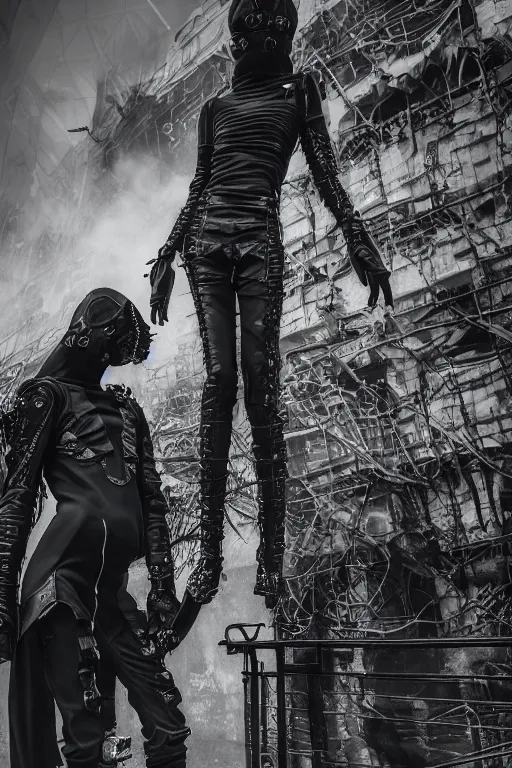 Image similar to avant garde techwear look and clothes, we can see them from feet to head, highly detailed and intricate, hypermaximalist, dystopian castle background, eerie fog, luxury, Rick Owens, Errolson Hugh, Yohji Yamamoto, Chrome Hearts, cinematic outfit photo