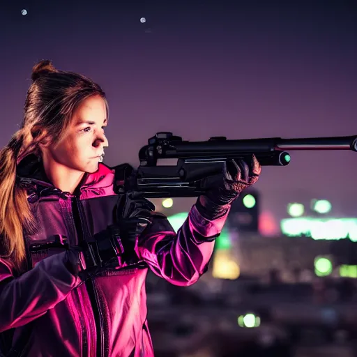 Image similar to photographic portrait of a techwear woman holding a shotgun, closeup, on the rooftop of a futuristic city at night, sigma 85mm f/1.4, 4k, depth of field, high resolution, 4k, 8k, hd, full color