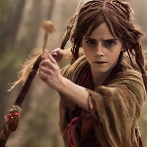 Image similar to emma watson as live action princess mononoke, still frame, sharp focus, cinematic, filmic