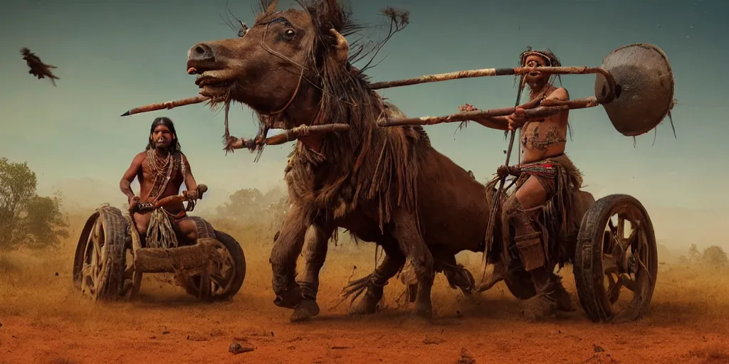 Prompt: photorealistic photo of an ancient indian tribesman on ancient atv with big wooden wheels, hunting panicked buffalo herd ,attacking, wild chase, action scene, an epic fantasy, dramatic lighting, cinematic, establishing shot, extremely high detail, photorealistic, cinematic lighting, artstation, octane render, by simon stalenhag, horizon forbidden west,old photo, high speed photography, vintage, extreme sports