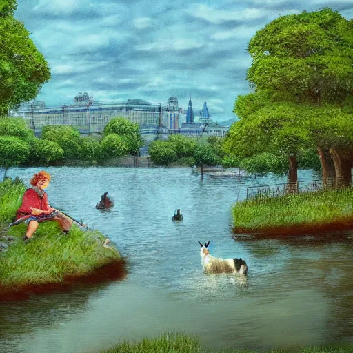 Prompt: A digital painting of a mossy cow in Moscow looking at a river. The cow is holding a wineskin and wears a rucksack. Husky dogs are swimming in the river.