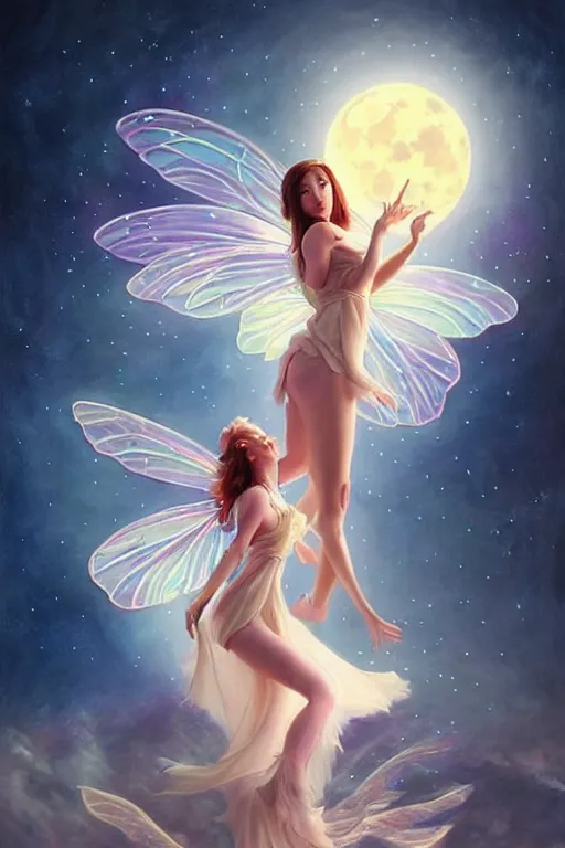 Image similar to attractive fairy magically floating high in the night, fantasy, full moon in background. highly detailed painting by artgerm, mid shot, 8 k