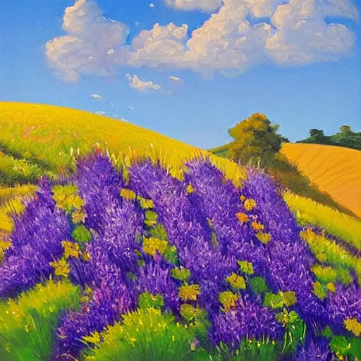 Prompt: This art installation has captures the serenity and beauty of a summer day. The sky is a deep blue, and the sun is shining down on the fields of flowers. The colors are very vibrant, and the brushstrokes are very fluid. The overall effect is one of peace and calm. electric purple, light blue by John Philip Falter relaxed, romantic