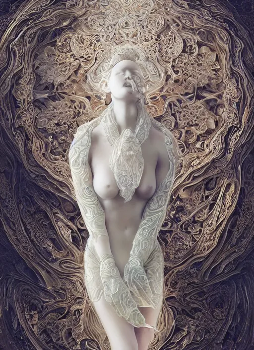 Prompt: opalescent marble sculpture of beautiful woman, mandelbulb, ivory carving, fractal paisley inlay, lace, intricate, lace, elegant, highly detailed, artgerm, lace, by ruan jia and greg rutkowski