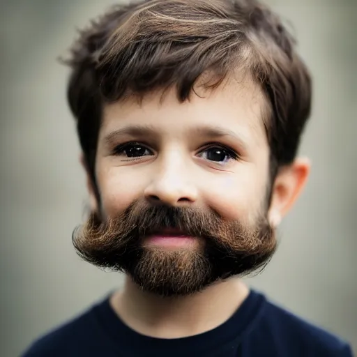 Prompt: a 4 year old boy with a grey natural beard, real natural mustache, old wrinkly skin, young kid, 4 years old, very young, portrait photo, head shot, bokeh