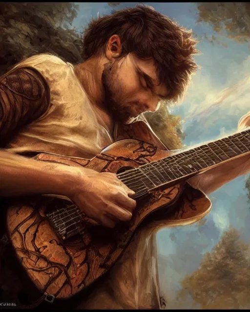 Image similar to chris tt playing guitar, hyper realistic face, fantasy art, in the style of greg rutkowski, intricate, hyper detailed