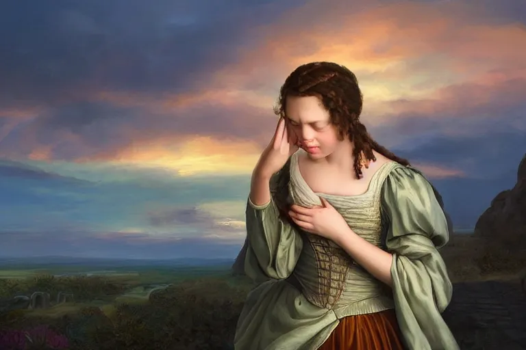 Image similar to a pretty girl crying with a renaissance dress and with the sunset in the background near a thumbstone. highly detailed digital art. full body. serene lighting, sharp focus