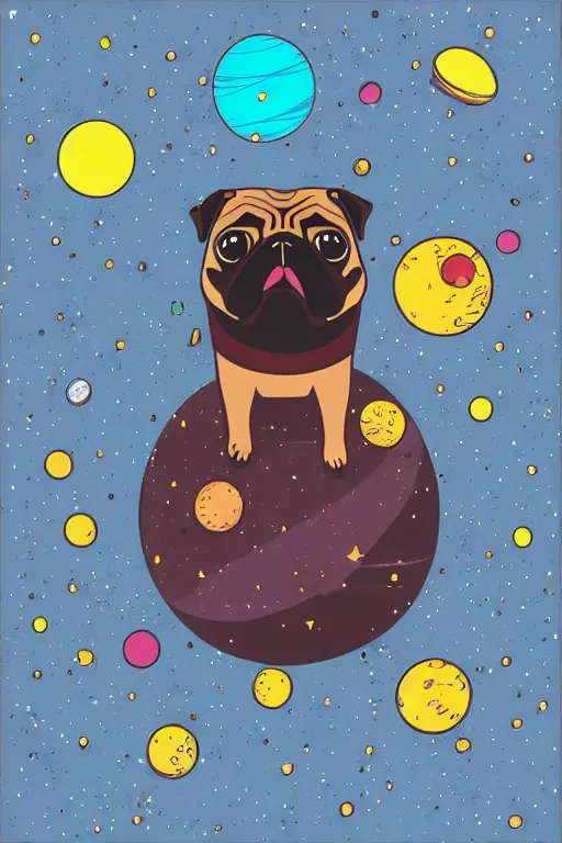 Image similar to planet pug floating in space, art by iktor miller gausa, sticker, colorful, illustration, highly detailed, simple, smooth and clean vector curves, no jagged lines, vector art, smooth