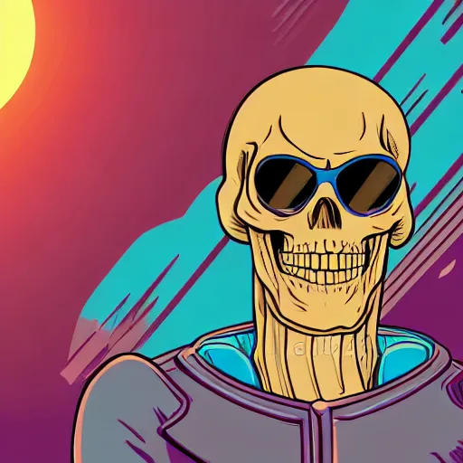 Image similar to portrait of skeletor with light blue shutter shades in front of a sunset, a dark purple leather jacket, vector art by jan tengnagel, pixabay contest winner, retrofuturism, retrowave, synthwave, outrun
