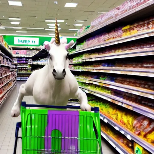 Image similar to a unicorn rampaging through a supermarket