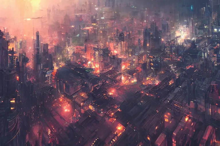 Prompt: sci - fi bangkok cityscape. wide angle night photo. helicopter view. exaggerated detail. volumetric lighting. art by krenz cushart, art by wenjun lin, art by masamune shirow.