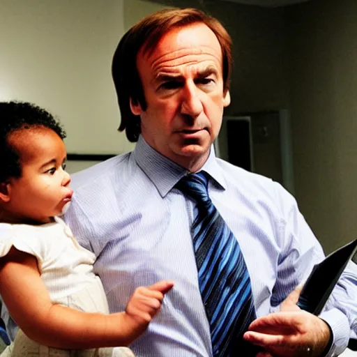 Prompt: saul Goodman giving legal advice to a baby