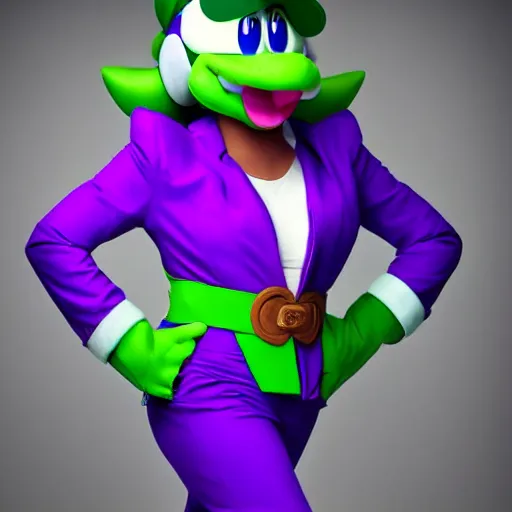 Prompt: anthropomorphic light green yoshi wearing a purple jacket, black shirt, purple skirt, purple heels, nintendo