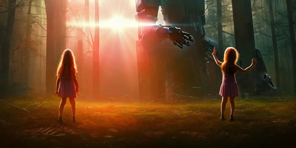 Image similar to sci - fi scene future new york, little girl alone holding onto the outstretched hand of a giant robot, forest punk, little girl meets robot, crepuscular rays, epic scene, hyper realistic, photo realistic, overgrowth, cinematic atmosphere, ethereal lighting,