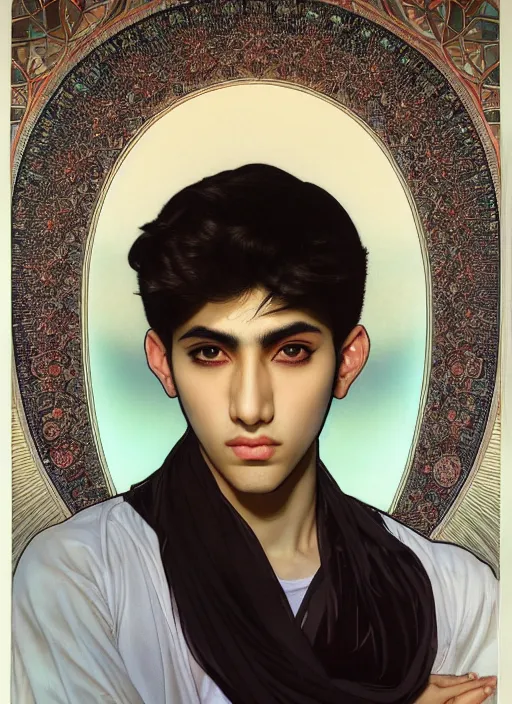 Image similar to beautiful medium shot portrait of a young arabic man inspired by ayami kojima with short hair dressed with a white t - shirt looking into the camera from three - quarters, white background white bank studio light, art by yoshitaka amano, alfons mucha and shingo tamagawa, 8 k