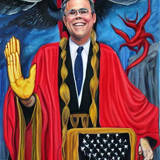 Prompt: painting of jeb bush as a high priest of the satanic temple, very high details