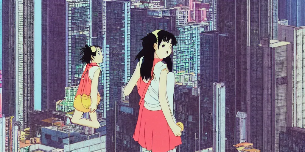 Image similar to girl smoking at rooftop overlooking hong kong, sprite, vaporwave nostalgia, directed by beat takeshi, visual novel cg, 8 0 s anime vibe, kimagure orange road, maison ikkoku, sketch by osamu tezuka, directed by makoto shinkai and beat takeshi