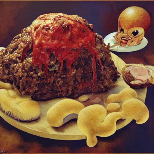 Image similar to big chungus big eyes wide open, horrific sentient meatloaf, holding meatloaf, sloppy, gross, meatloaf, hyper realistic, terrifying, disturbing, strange, bizarre, masterpiece, meatloaf is everywhere, ground beef bloody, liquid, 4 k, vivid colors, elegant, highly detailed, john park, frazetta, john howe, ruan jia, jeffrey catherine jones