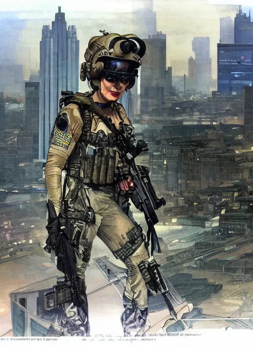 Image similar to Dinah. USN special forces operator looking at city skyline. Futuristic gear. mgs and rb6s Concept art by James Gurney and Alphonso Mucha.