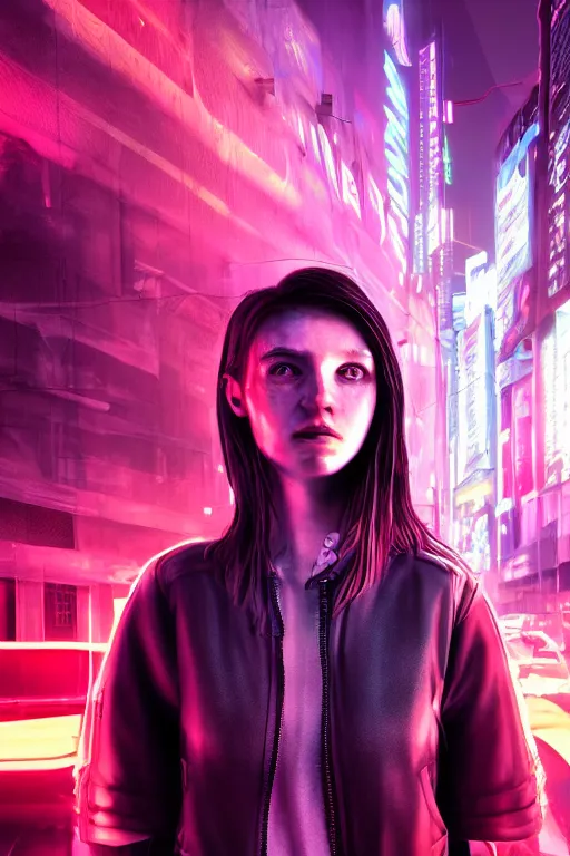 Prompt: hyperrealism portrait, digital art, wallpaper of a cyberpunk cyborg teenage girl, in a cyberpunk city, diffused lighting, neon ambient lighting, by laura zalenga, 8 k dop dof hdr, vibrant