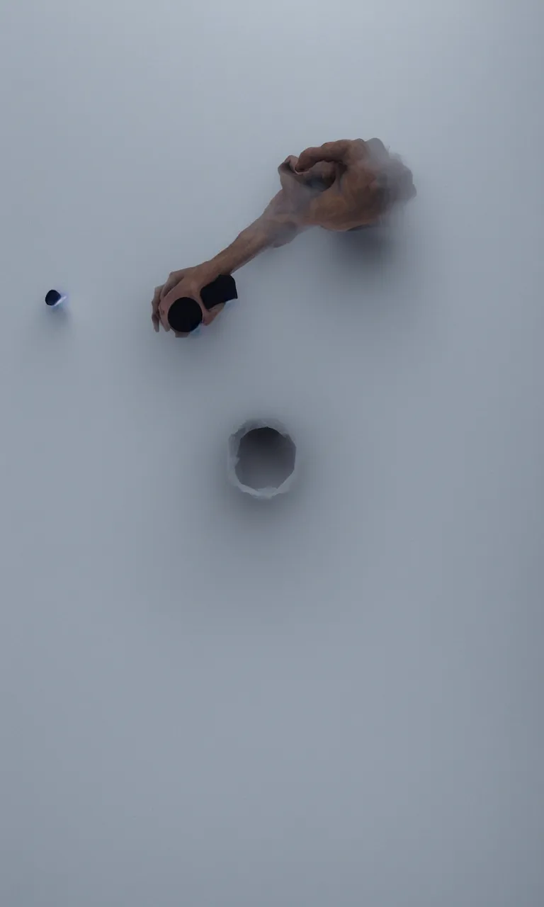 Image similar to POV top-down photo of my diverse arms digging inside an impossible aerogel portal containing a stack of aerogel pads/tablets with handles and knurling grip and node-based visual programming language, scale model floating in midair in front of me: brilliant daylight emerging from the thick fog, Leica 8K still from an A24 film