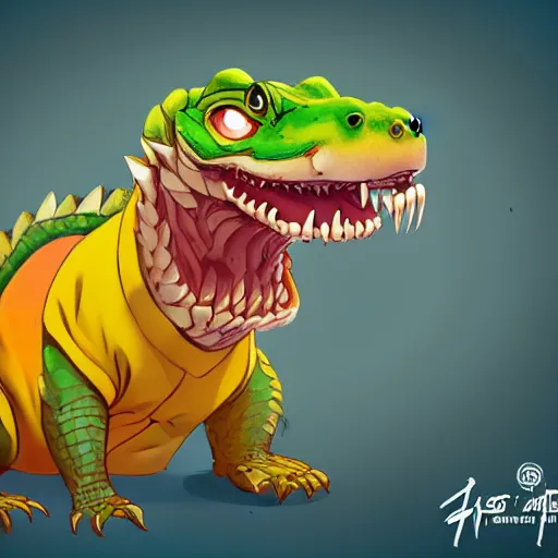 Image similar to in the style of artgerm, loish and ross tran, anthropomorphic alligator, symmetrical face, symmetrical eyes, red scales on his back, yellow scale on his belly and chest, male, waring a hawaiian shirt, in the style of zootopia